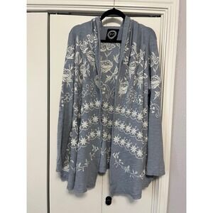 Biya Johnny Was Blue Embroidered Floral Hooded Cardigan Sweater Womens Large L